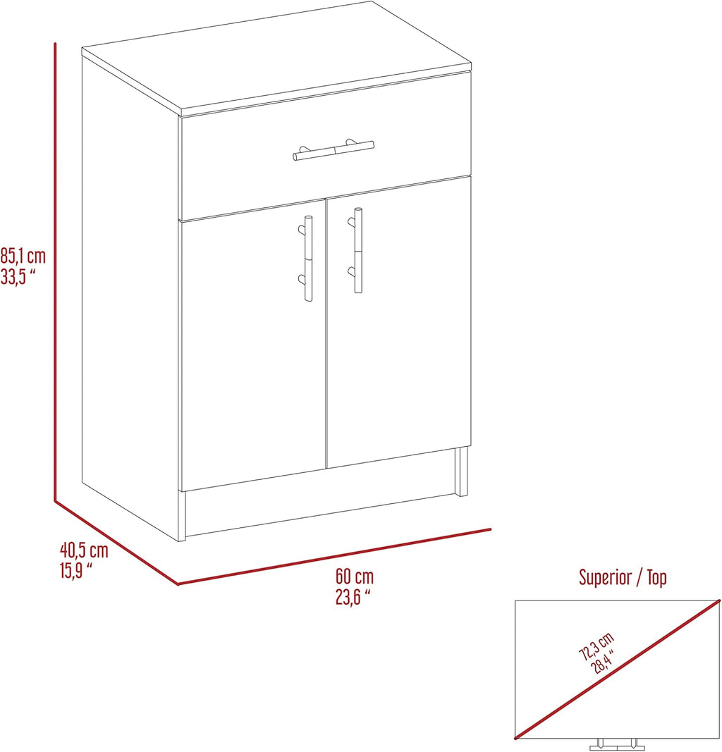23.6" D*15.9" W*33.5" H Freestanding Kitchen Pantry with Dawer & Shelf, Double Door, Natural Wood Top, Rectangular Storage Cabinet, Modern Minimalist, for Living Room, Dining Room, White
