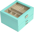 BOOVO Clear Lid Jewelry Box,3 Layers Jewelry Organizer Large Multi-Functional Jewelry Storage Box with 2 Drawers,Jewelry Display Case of Rings Earrings Necklace Bracelets for Women Girls (Turquoise)