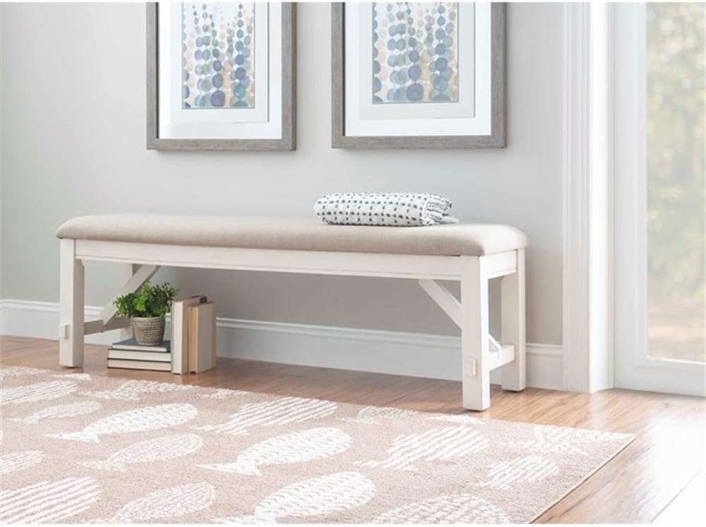 Pemberly Row 60" Wood/Fabric Bench, Smokey White Finish, Beige Upholster...