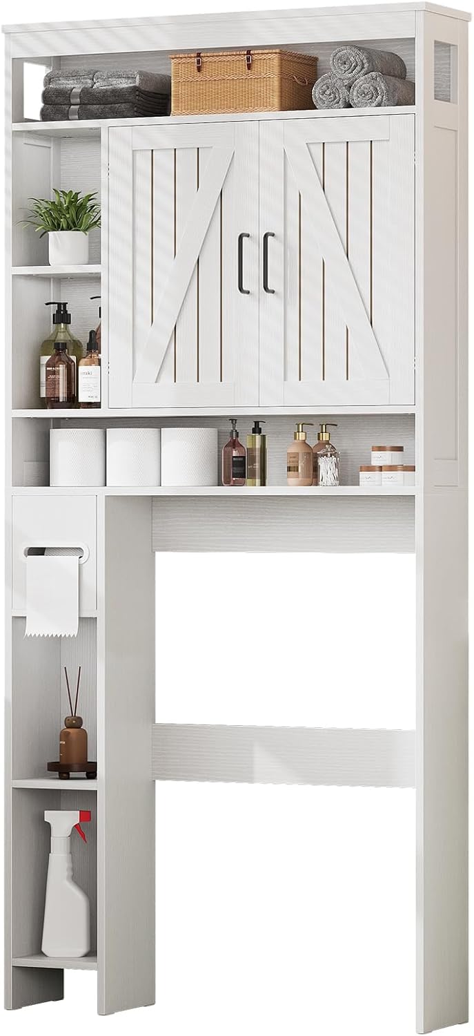 Over The Toilet Storage Cabinet with 6 Shelves, Farmhouse Bathroom Storage Cabinet with 2 Barn Door & Toilet Paper Holder Stand, Toilet Shelf with Adjustable Shelf for Bathroom Laundry