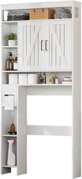 Over The Toilet Storage Cabinet with 6 Shelves, Farmhouse Bathroom Storage Cabinet with 2 Barn Door & Toilet Paper Holder Stand, Toilet Shelf with Adjustable Shelf for Bathroom Laundry