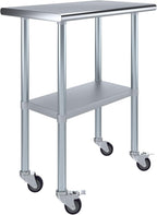 AmGood 18" x 30" Stainless Steel Work Table with Casters | Heavy Duty Metal Utility Table On Wheels | Kitchen Island Cart