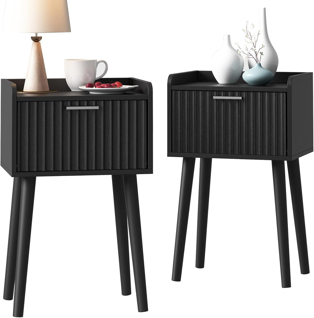 LAATOOREE Nightstand Set of 2, Small Bed Side Table with Fluted Door, End Tab...