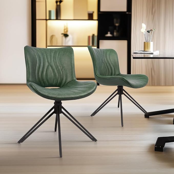 Dining Chairs Set of 6, 360° Swivel Upholstered Mid-Century Modern Kitchen Dining Room Chairs, Armless Faux Leather Accent Side Chair with Padded Back, Metal Legs for Living Room,Green