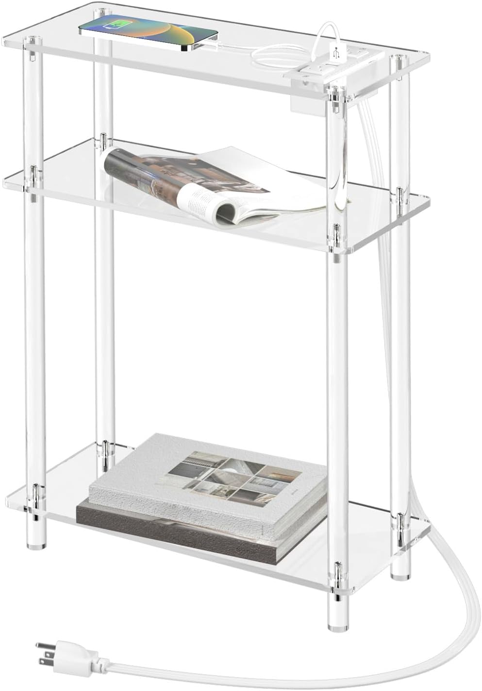 HMYHUM Acrylic Narrow Side Table with Charging Station, 7" Width, 3 Tier...