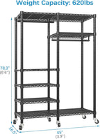 VIPEK R4 Garment Racks Heavy Duty Clothes Rack -620lb Capacity Metal Frame, Rolling Lockable Wheels & 6 Tiers Adjustable Height Shelves & Hanger Rods, Sturdy Wardrobe Closet for Home Storage, Black