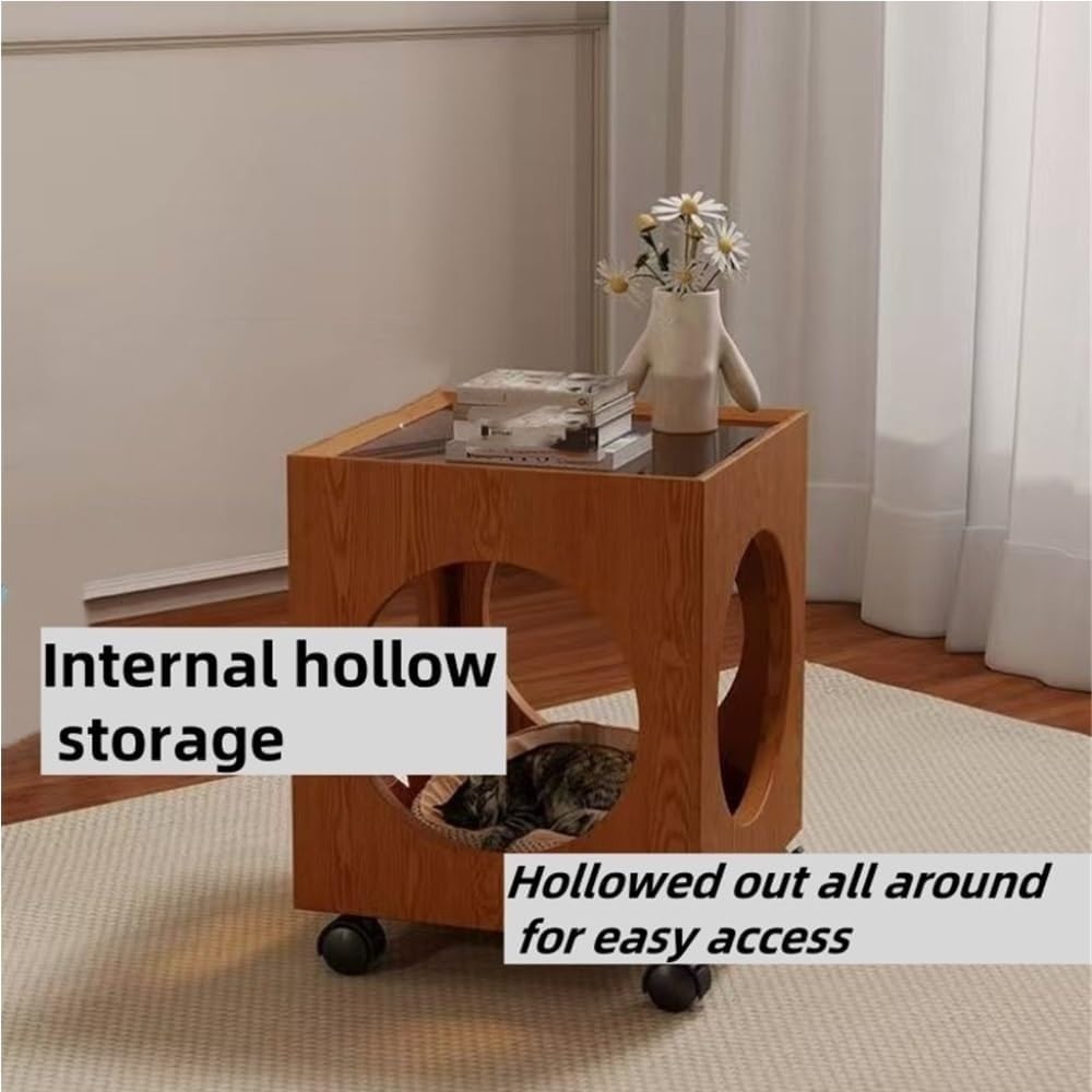 Vintage Rolling Side Table with Glass Top Wood Square Coffee Table 360° Wheel...