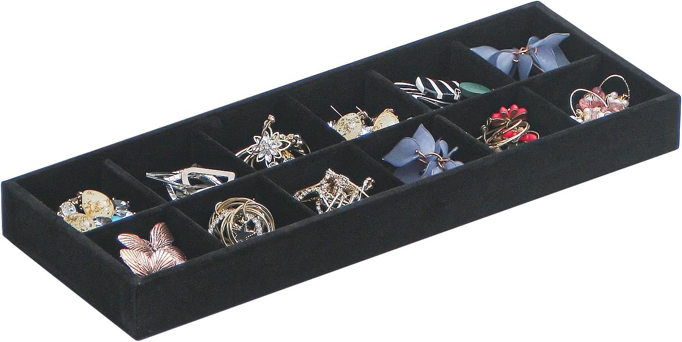 2Pcs Desk Drawer Storage Tray, Nightstand Organizer Tray, Necklace Bracelet Ring Earring Jewelry Display Tray, Grid Table Organizer Holder Tray for Sunglass, Phone, Watch, Perfume (12 grid)/Black