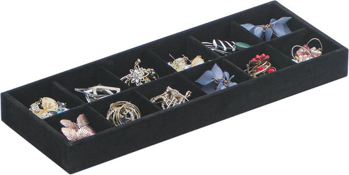 2Pcs Desk Drawer Storage Tray, Nightstand Organizer Tray, Necklace Bracelet Ring Earring Jewelry Display Tray, Grid Table Organizer Holder Tray for Sunglass, Phone, Watch, Perfume (12 grid)/Black