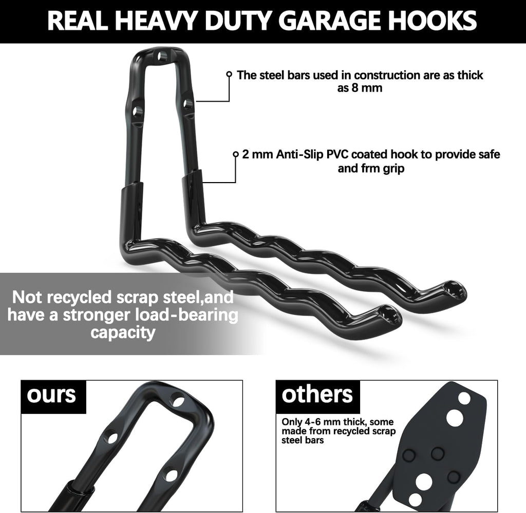 3-H Garage Wall Hooks 18 Pack, One-Piece Construction Garage Hooks Heavy Duty, Garage Accessories & Organizer Wall Mount for Ladders, Weedeaters, Garden Tools (Black)