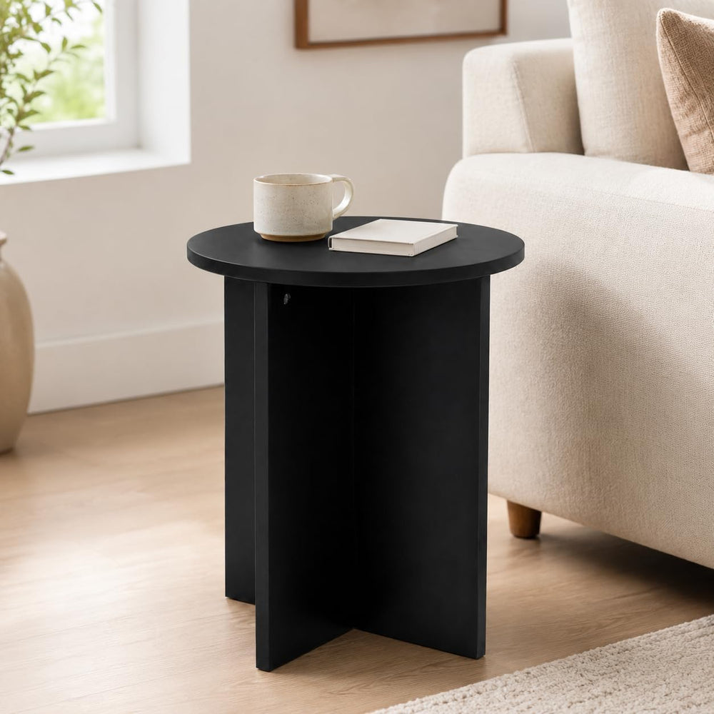 Black Round Side Table, Solid Rubber Wood Small End Table, 15.7" D | 19....