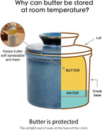 French Butter Dish, Butter Crock for Counter with Water Line, Ceramic Butter Keeper for Spreadable Butter - Chrismas Gift Home Kitchen Decor - Reactive Glaze Collection - Blue