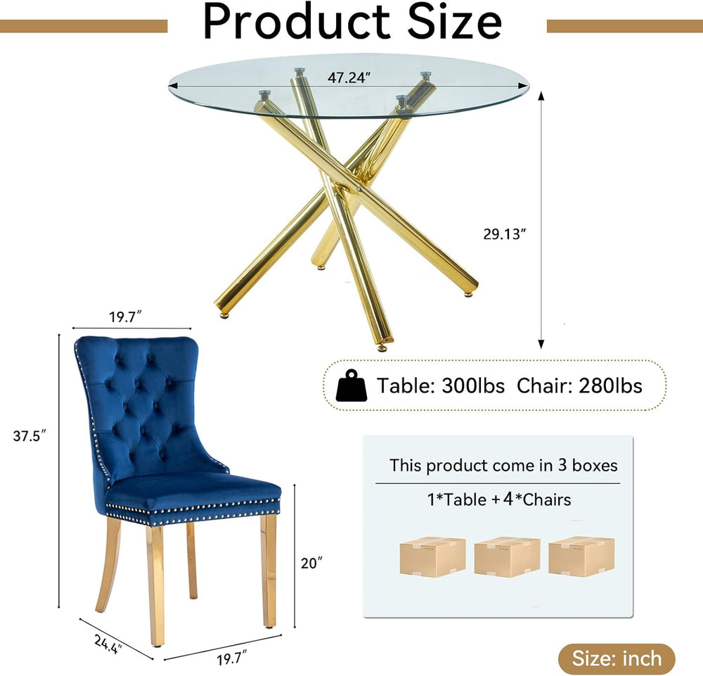 Round Glass Dining Table Set for 4, Small Kitchen Table Set for 4, 47" C...