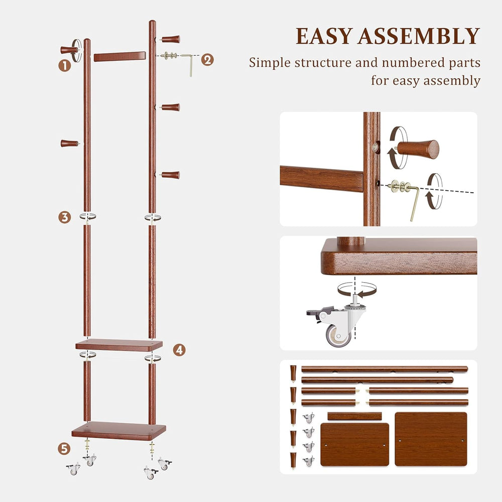 Solid Wood Coat Rack Freestanding Clothing Rack with Wheels & 2 Shelves S...
