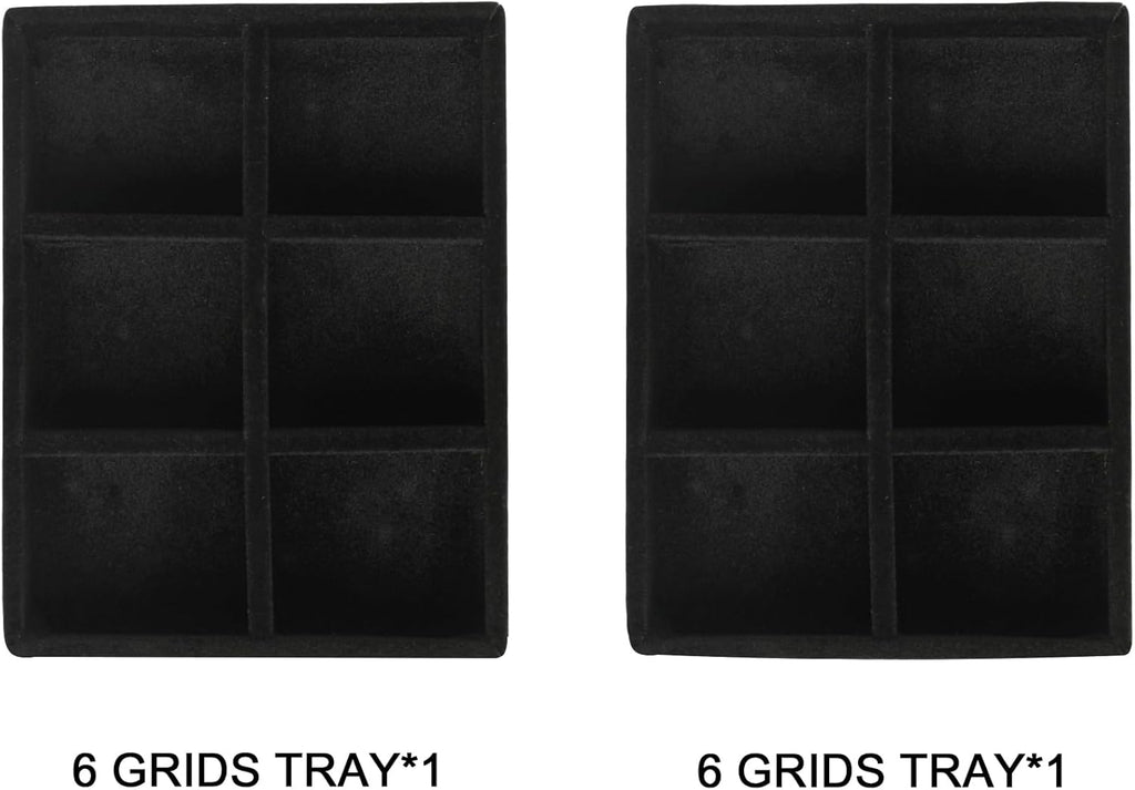 Frebeauty Small Jewelry Tray Set,Stackable Velvet Jewelry Organizer Tray,Mini Jewelry Drawer Organizer,Drawer Inserts,4.92 x 3.74 x 0.9 Inches,6 Grid Earring Organizer for Women(Set 2,Black)