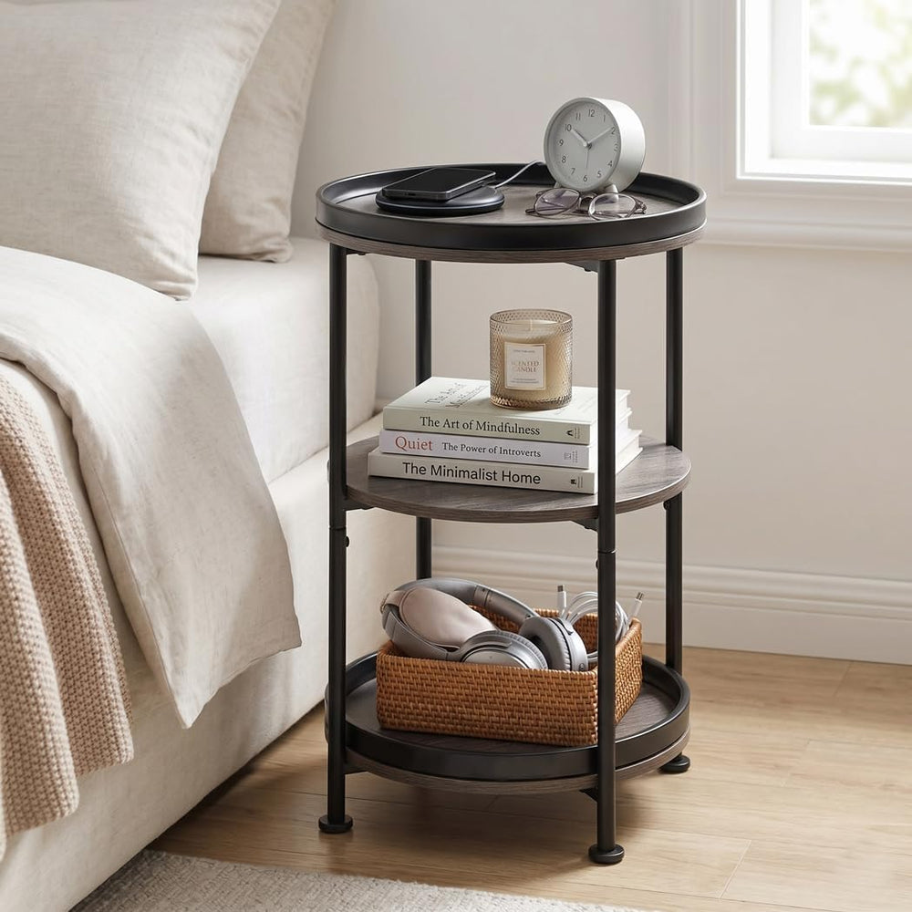 Dulcii Round Side Table with 3 Shelves for Living Room, Bedroom Nightstand wi...