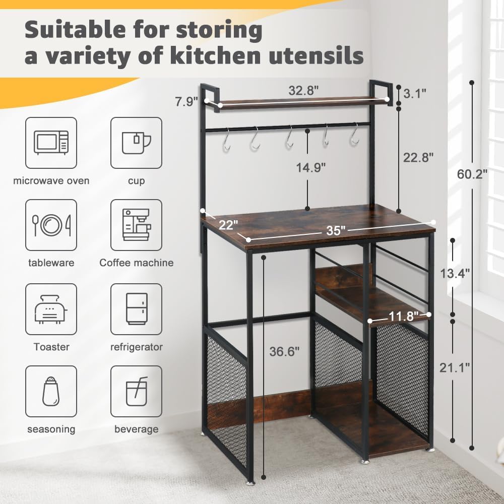 LUCKUP Mini Fridge Cabinet Microwave Stand with Shelf Storage, 4 Tiers Kitchen Bakers Rack with Adjustable Feet for Kitchen Dorm Space Saving, Rustic Brown