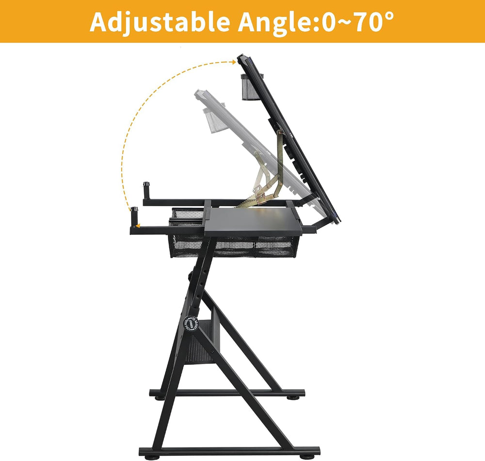 Drafting Table, 0-70° Adjustable Glass Top Artist Table - Height Adjustable D...