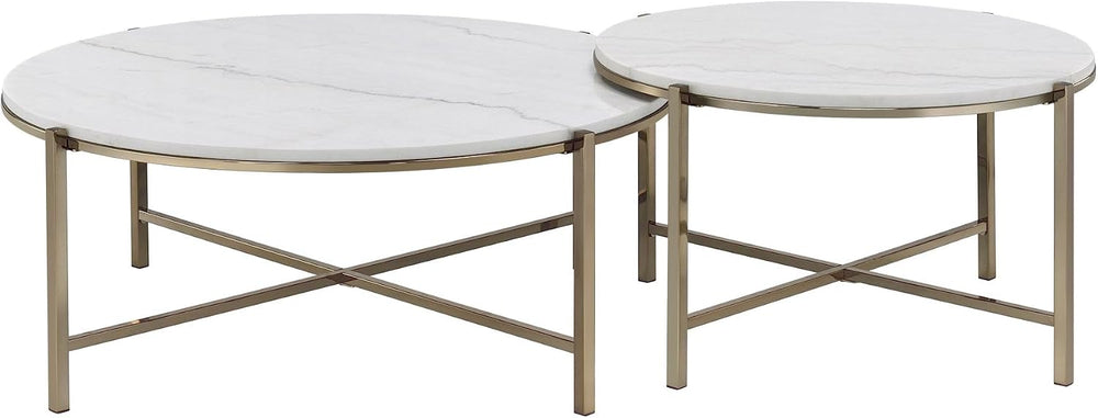 Marble Top & Nickel Finish Nesting Table Set with White | Luxurious 2-pie...