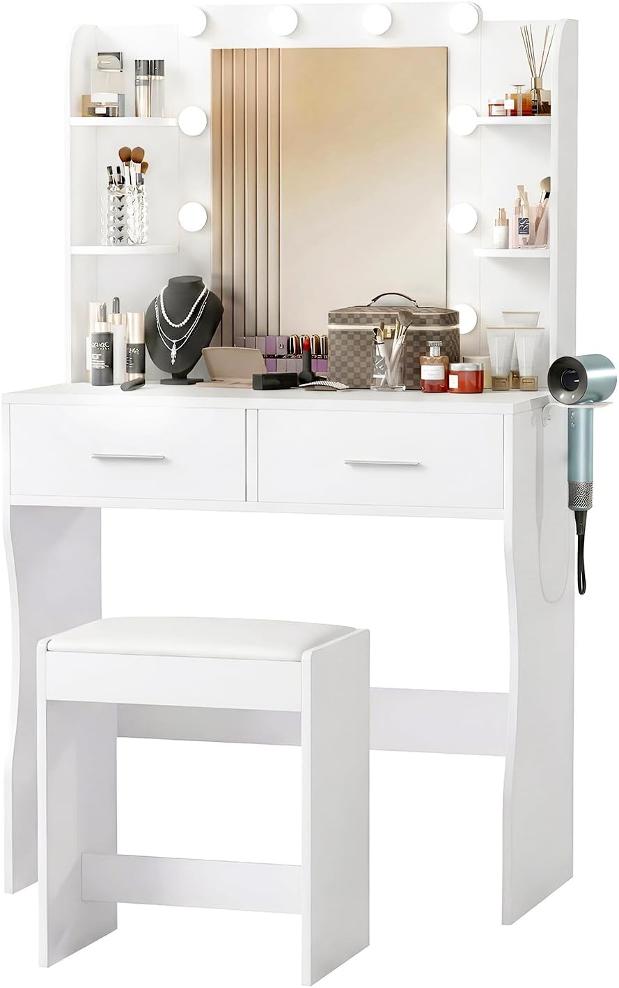 ‌FDW Vanity Desk with Mirror and Lights, 2-Drawer Makeup Vanity Desk with 3 A...