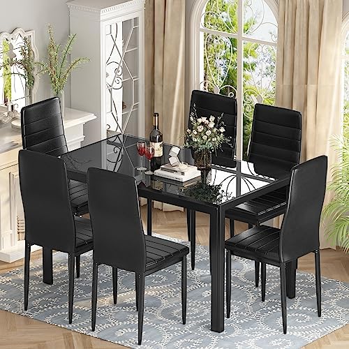 DKLGG Glass Dining Table Set for 6, Modern Kitchen Table with 6 PU Leather Ch...
