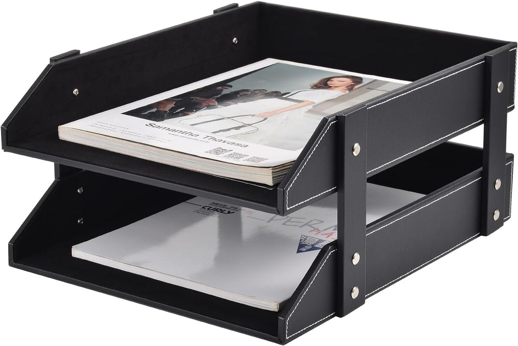 Leather Desk Organizer,2-Tier Stackable Letter Tray Holder,Office Supplies Desktop Storage Box for Document,Stationery,Magazines,Newspapers,Letters and Other Home Office Paper Sundries,Black