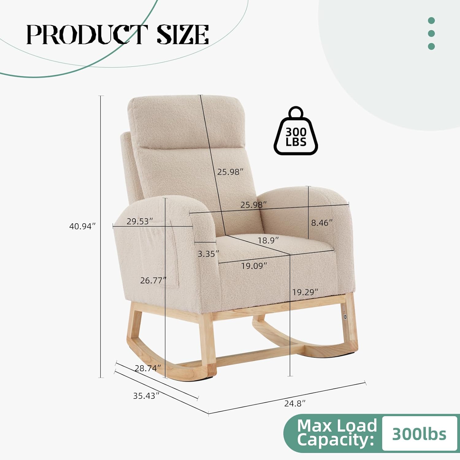 Rocking Chair Nursery, Modern Upholstered Glider Rocker with Side Pocket, High Backrest Padded Seat Accent Armchair for Living Room, Nursery, Bedroom
