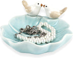 Fordonral Ceramic Jewelry Tray Trinket Dish Decorative Cute Bird & Lotus Leaf Ring Holder Dish Aesthetic Room Vanity Decor (Blue)