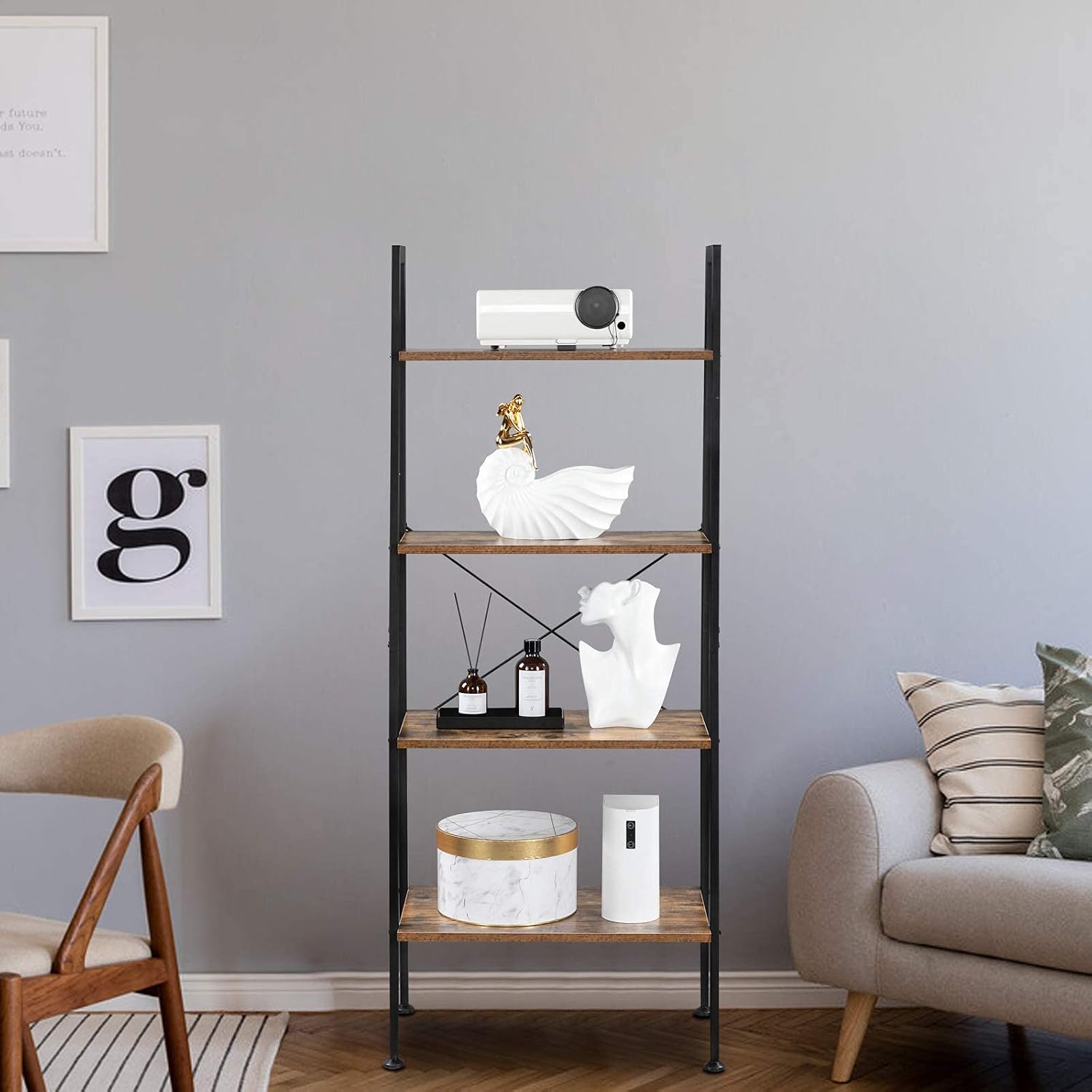 VINGLI Ladder Shelf 4-Tier Industrial Bookcase Free Standing Ladder Bookshelf with Metal Frame and Rustic Wood Plant Storage Shelf for Office, Living Room, Kitchen, Bedroom, Bathroom