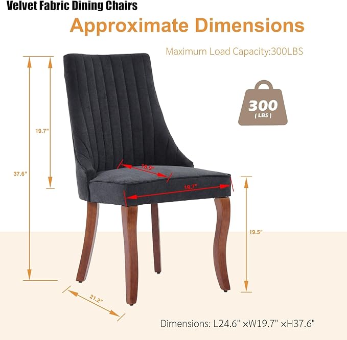 Dining Chairs Set of 8,Comfy Fabric Upholstered Chairs for Kitchen Living Room,Channel Tufted Dining Room Chairs with Curved Solid Wood Legs(Black,8 Pcs)