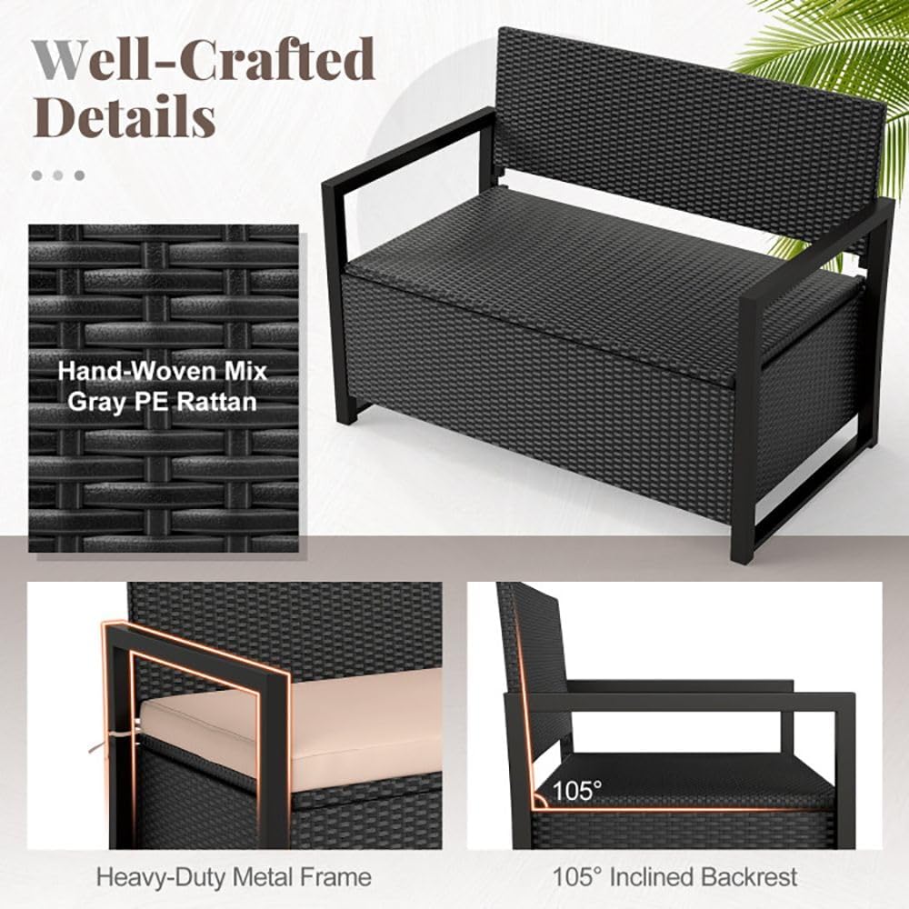 PE Rattan Outdoor Storage Loveseat Brown UV-Resistant Woven Rattan Pattern, 4...