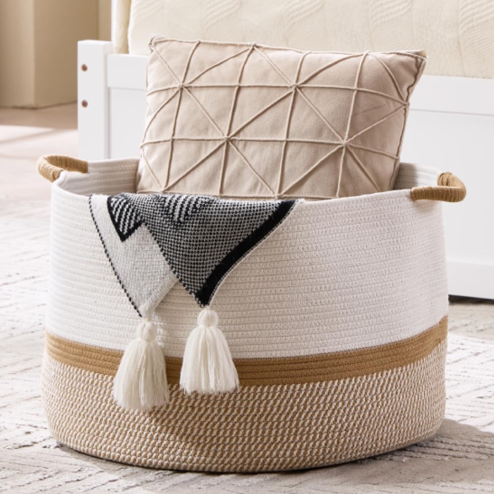 Luxury Little Extra Large Nursery Storage Basket, 20 x 20 x 13.8 inches - 100% Cotton Rope Baskets with Handles, Blanket Basket for Toys, Blankets & Pillows (Gradient Brown)