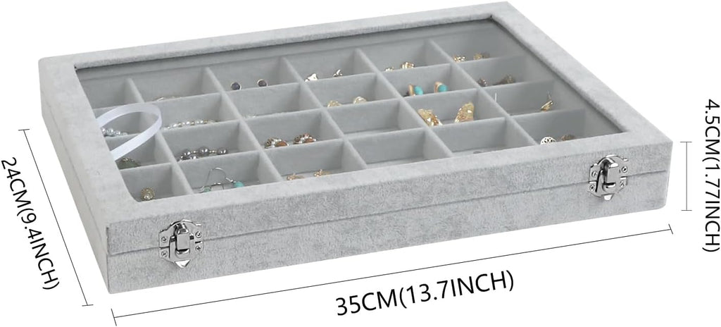 Wudygirl 30 Grid Jewelry Organizer Velvet Jewelry Box Jewelry Tray with Clear Lid Storage Case Showcase Display Stackable Removable (30 Grid)
