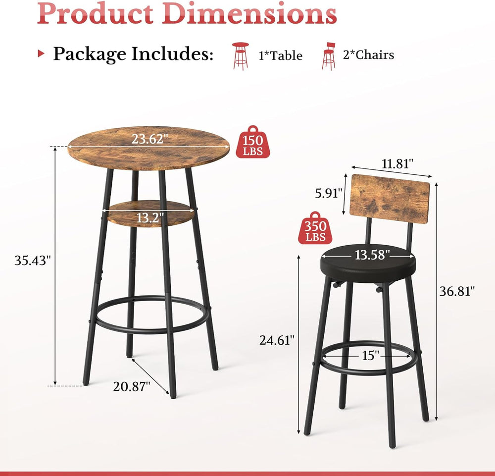 Kiivakii 3 Pieces Round Bar Table and Chairs Set Pub Table and Chairs for 2 |...