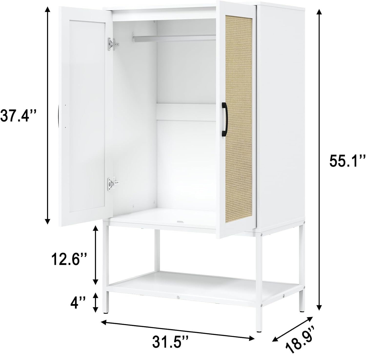 Wardrobe Closet, Wooden Closet Organizers with 2 Doors and Bottom Storage Shelf for Bedroom, Almirah for Clothes, Rattan Wardrobe Cabinet with Hanging Rail and Soft Hinge, Metal Leg(White)