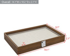 MOOCA 100 Ring Box Jewelry Display Tray, Display Case Accessories Storage Box with Tempered Glass Hinge Lid, Beige Lined Jewelry Tray for Rings, Walnut Color, 14.1W x 10.2D x 2.1H in