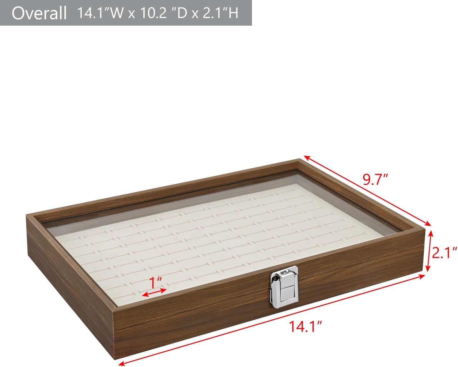 MOOCA 100 Ring Box Jewelry Display Tray, Display Case Accessories Storage Box with Tempered Glass Hinge Lid, Beige Lined Jewelry Tray for Rings, Walnut Color, 14.1W x 10.2D x 2.1H in