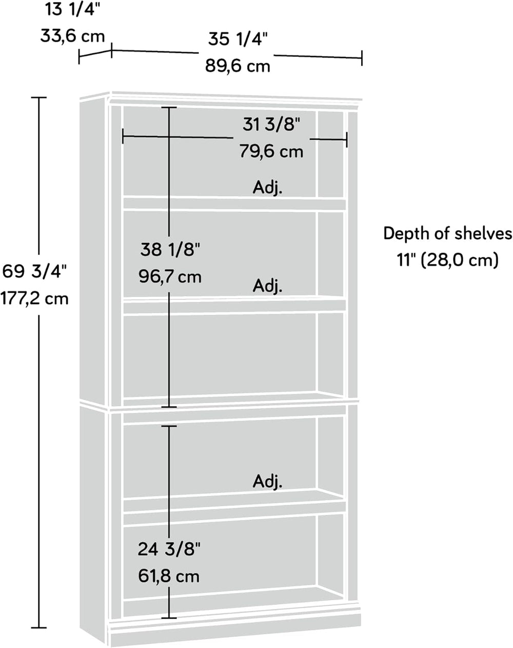 Sauder 5 Tier Book Shelf Wooden Bookcase Multipurpose Bookshelf for Home Offi...
