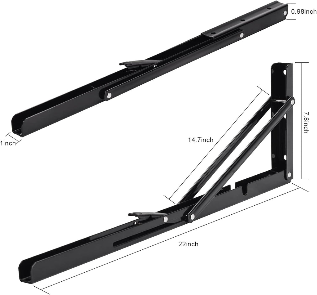 YUMORE Folding Shelf Brackets, 22 Inch Heavy Duty L Bracket, Black DIY Collapsible Shelf Bracket for Workbench Folding Table Hinge, Max Load: 330lb, Pack of 2