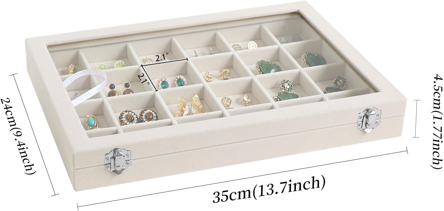 Wudygirl Jewelry Organizer Earring Holder Jewelry Tray with Lid Velvet Jewelry Box Jewelry Display Case Bracelet Earrings Ring Holder for Women Dresser (Beige 24 Grid Jewelry Tray)