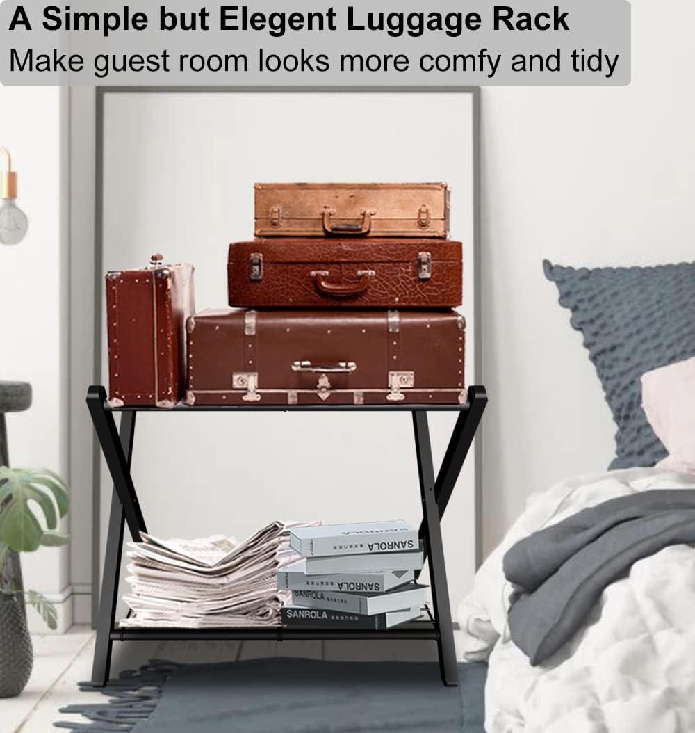 Folding Luggage Rack for Guest Room, Metal Foldable Suitcase Stand Holder with Metal Shelf for Bedroom, Black, 1 pack
