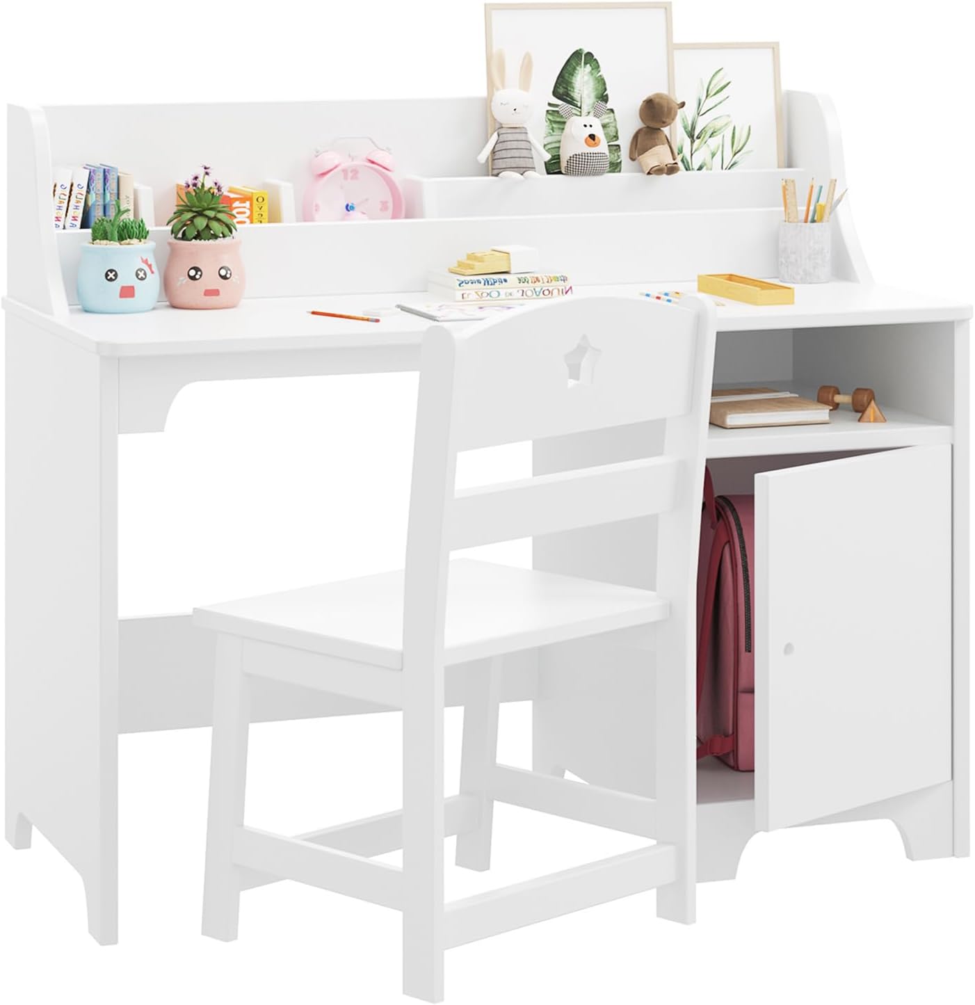 White Kids Desk with Chair, Study Desk for Boys Girls with Hutch, Storage Cabinet, Wooden Children Study Table, Student Writing Desk Computer Workstation for Kids Bedroom & Study Room,White