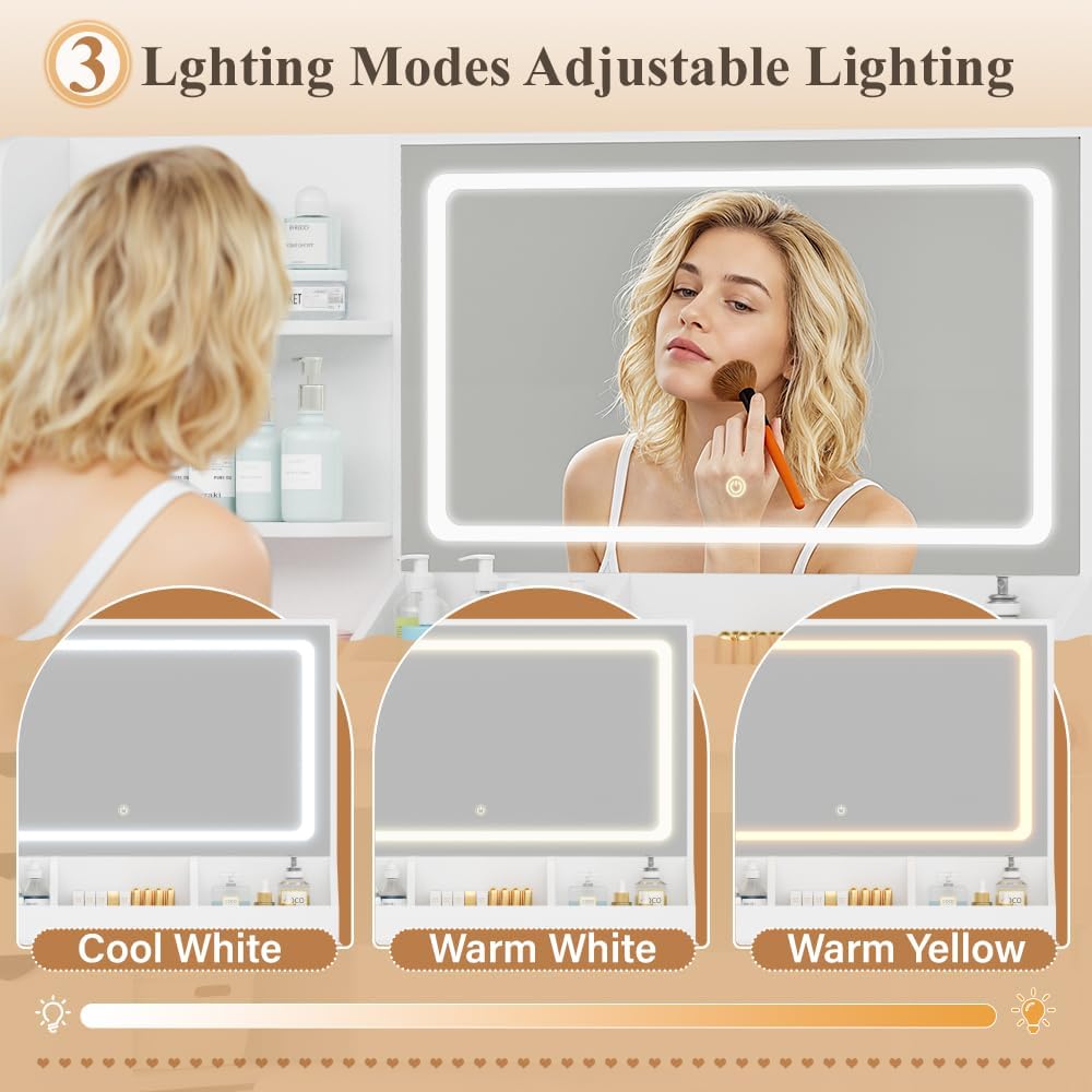 JUMMICO Makeup Vanity Desk with Mirror and Lights, L- Shaped Vanity, White | ...