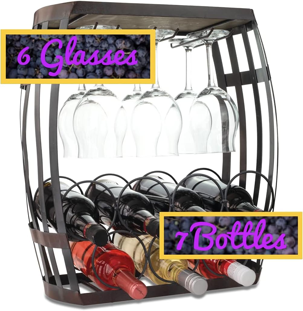 Made Easy Kit Wine Bottle and Glass Holder Rack, Metal and Wood Freestanding Preassembled Countertop Shelf Storage Stand, Home Decor for Counter Table Top Wine Bar Cabinet