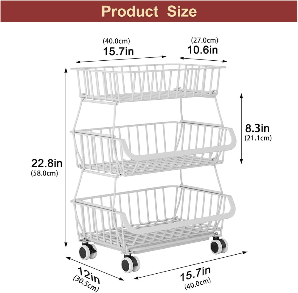 3-Tier Rolling Pantry Cart with Wheels, Stackable Wire Storage Floor Organize...