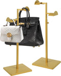 2 Pack Purse Holder for Closet, Dual Hook Purse Stands for Display, Stainless Steel Bag Hanger, Adjustable Height Purse Rack Stand, Handbag Display Stand, Bag Hanger for Vendors Table Boutiques (Gold)