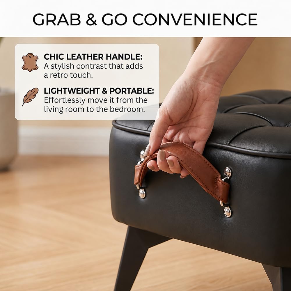 Vintage Style Faux Leather Ottoman Footstool - Wooden Frame, Upholstered Inte...