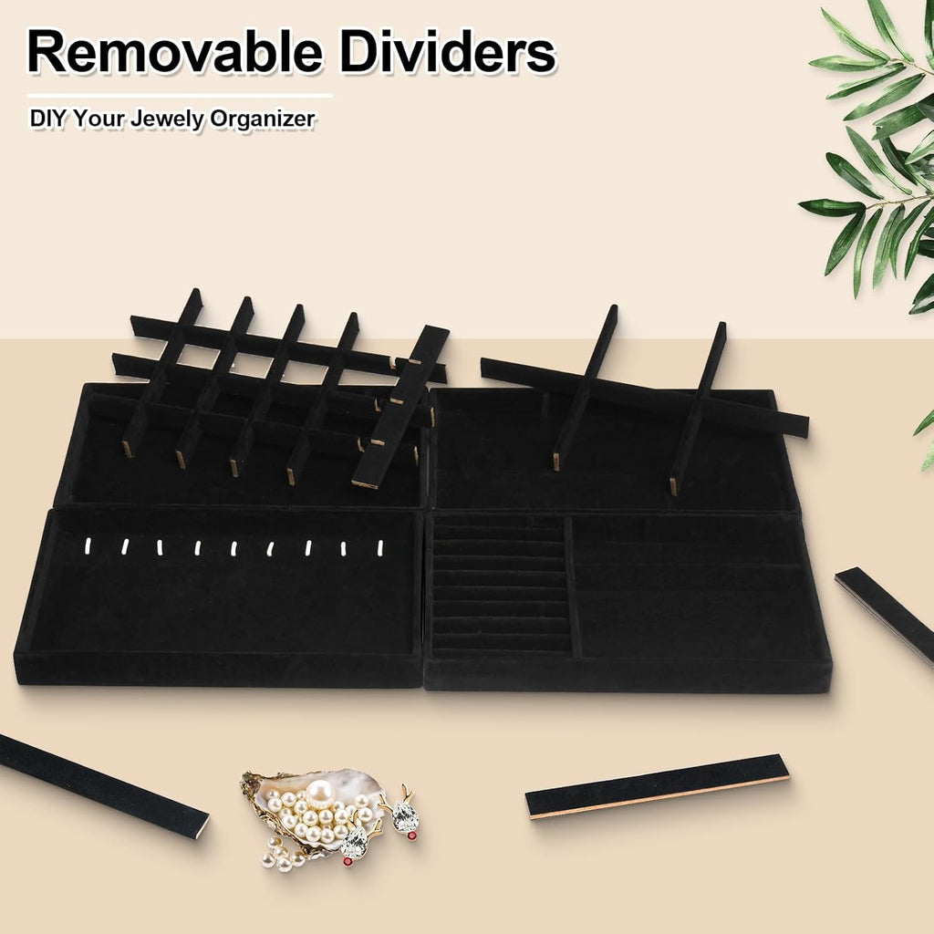 Jenseits 4 Stackable Jewelry Trays Organizer Set for Drawers, Jewellery Drawer Insert Divider Jewel Display Storage with Removable Dividers for Earring Necklace Rings Bracelet, Black