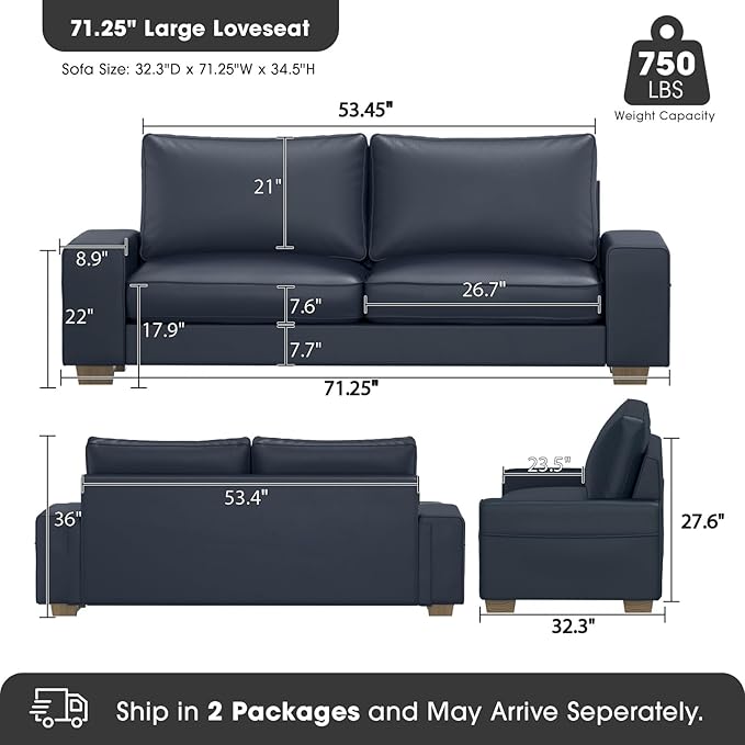 Faux Leather Couch, Mid Century Modern Comfy Loveseat Sofa with Wide Arm, Sid...