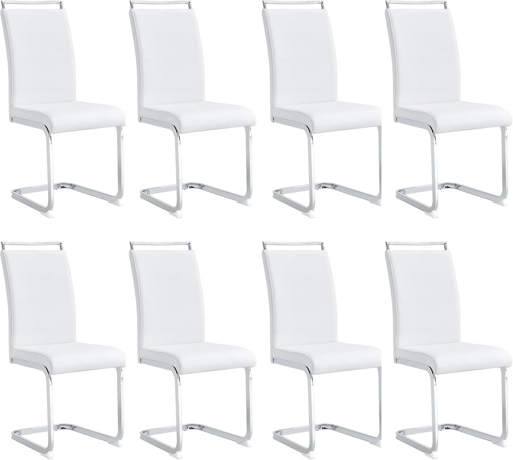 Dining Chairs Set 8, Armless White Kitchen Chairs,Waterproof Faux Leather Dinner Chairs with Upholstered Seat,Armless Side Chairs with Silver Metal Frame for Kitchen Dining Room